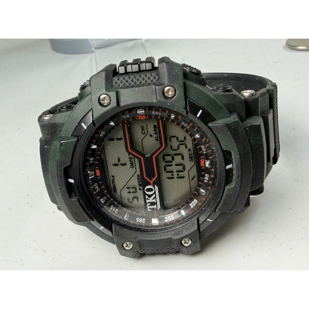 TKO 52mm Digital Sport Watch Camo Green Black Alarm Chronograph Working